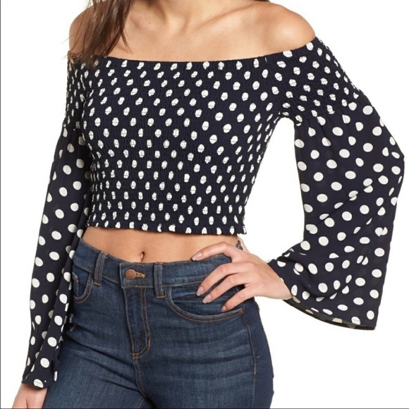 Mimi Chica Tops - MIMI CHICA • Navy, white dot, elasticized crop•Lrg
